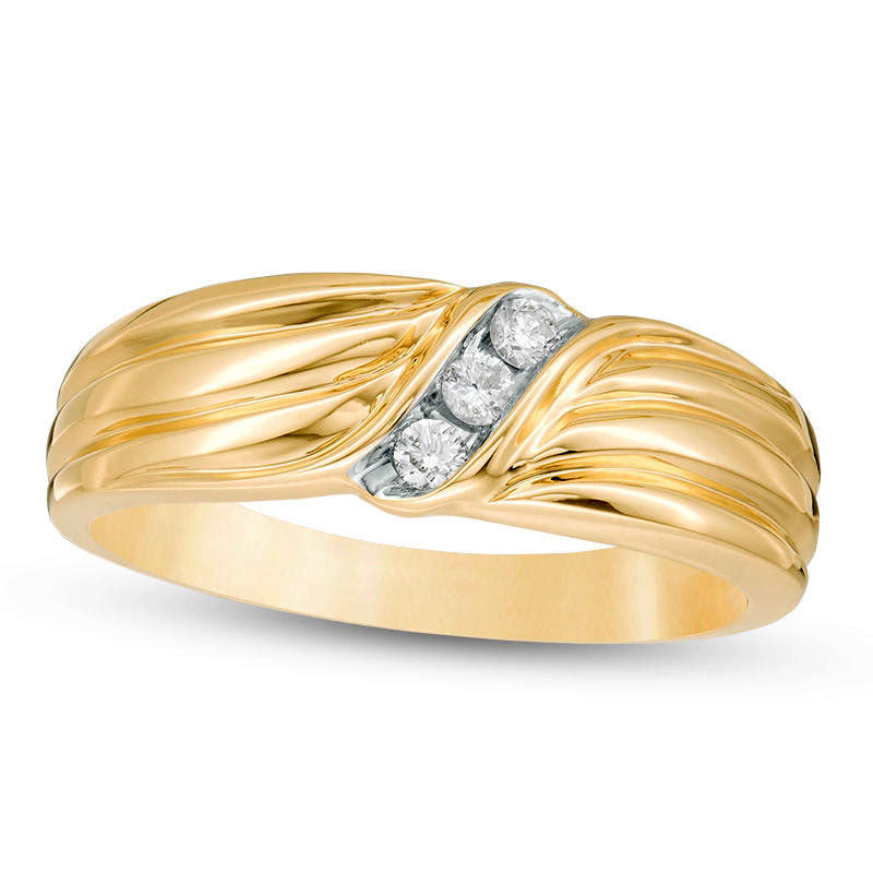Image of ID 1 Men's 013 CT TW Natural Diamond Three Stone Slant Ribbed Shank Ring in Solid 10K Yellow Gold