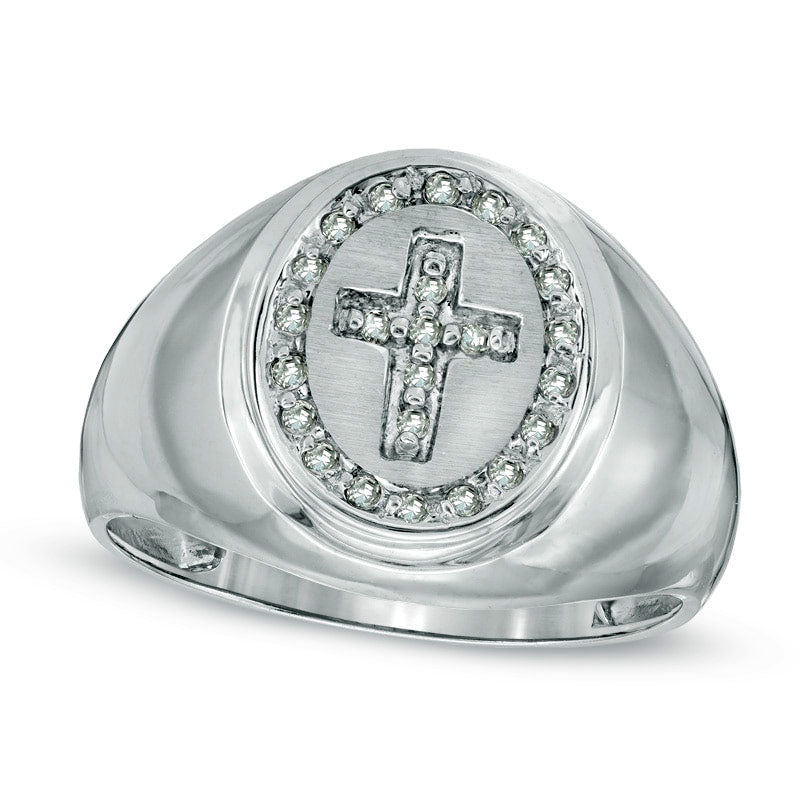 Image of ID 1 Men's 020 CT TW Natural Diamond Cross Signet Ring in Solid 10K White Gold