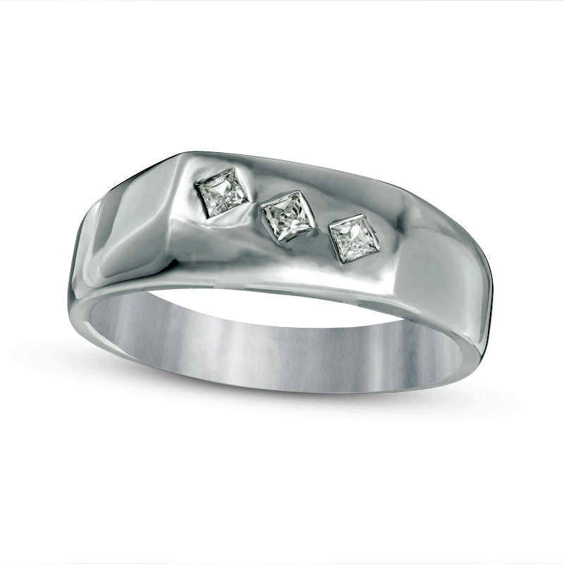Image of ID 1 Men's 020 CT TW Square Natural Diamond Three Stone Slant Band in Sterling Silver