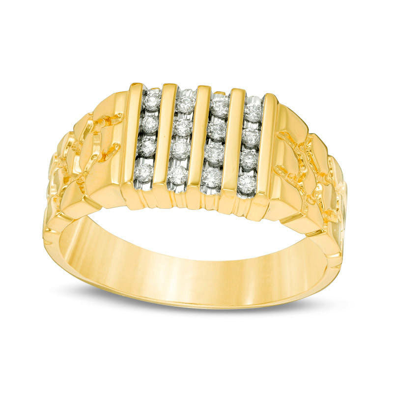 Image of ID 1 Men's 025 CT TW Natural Diamond Four Row Nugget Ring in Solid 10K Yellow Gold