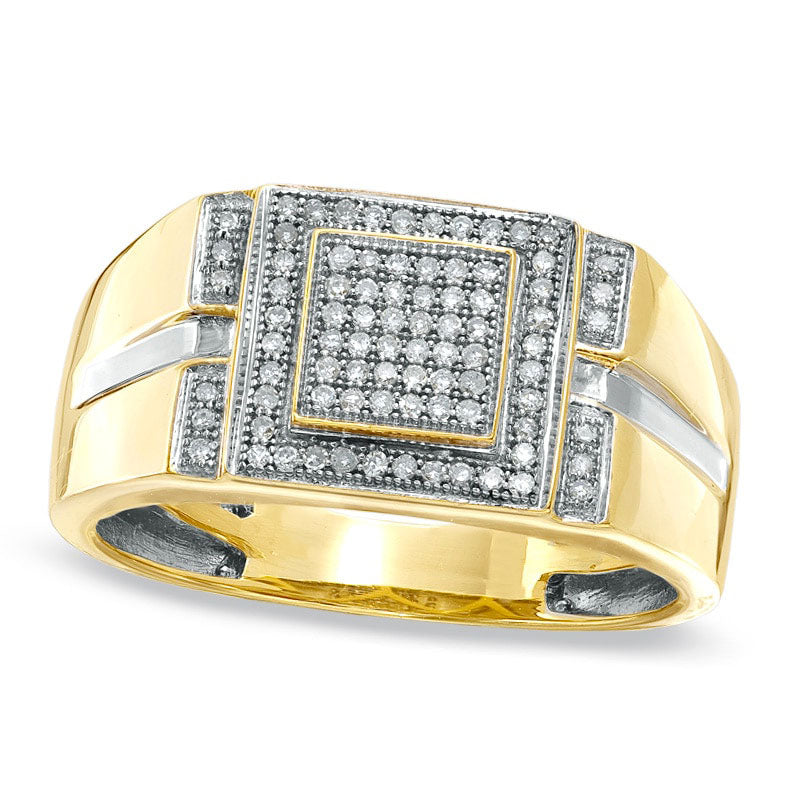 Image of ID 1 Men's 025 CT TW Natural Diamond Micro Cluster Square Stepped Ring in Solid 10K Yellow Gold