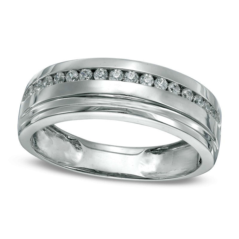 Image of ID 1 Men's 033 CT TW Natural Diamond Single Beveled Edge Wedding Band in Solid 10K White Gold