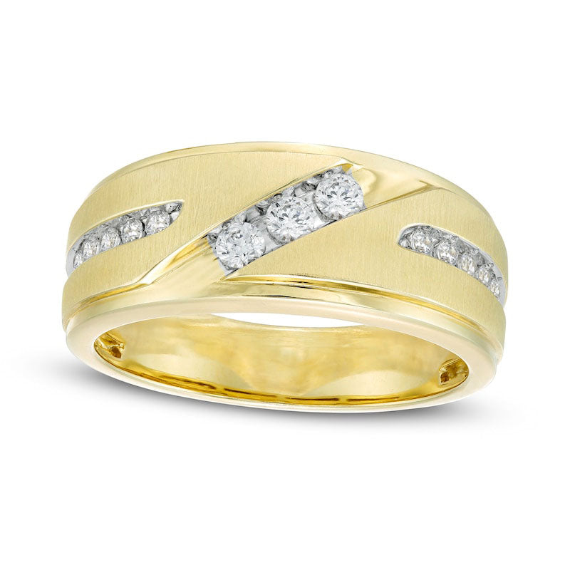 Image of ID 1 Men's 038 CT TW Natural Diamond Three Stone Slant Wedding Band in Solid 10K Yellow Gold