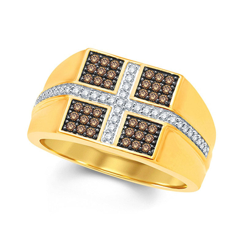 Image of ID 1 Men's 050 CT TW Champagne and White Natural Diamond Cross Signet Ring in Solid 10K Yellow Gold