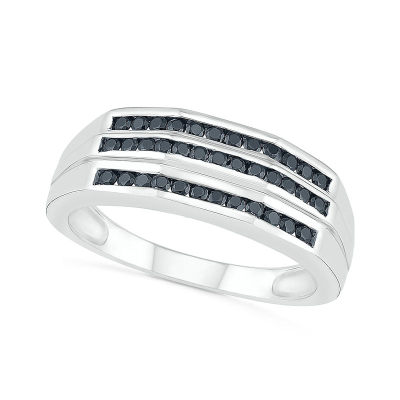 Image of ID 1 Men's 050 CT TW Enhanced Black Natural Diamond Triple Row Wedding Band in Solid 10K White Gold