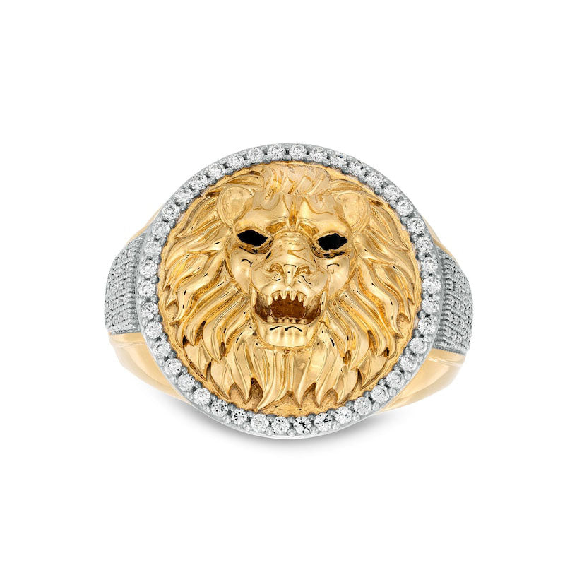 Image of ID 1 Men's 050 CT TW Natural Diamond Circle Frame Lion Head Domed Ring in Solid 10K Yellow Gold and Black Rhodium