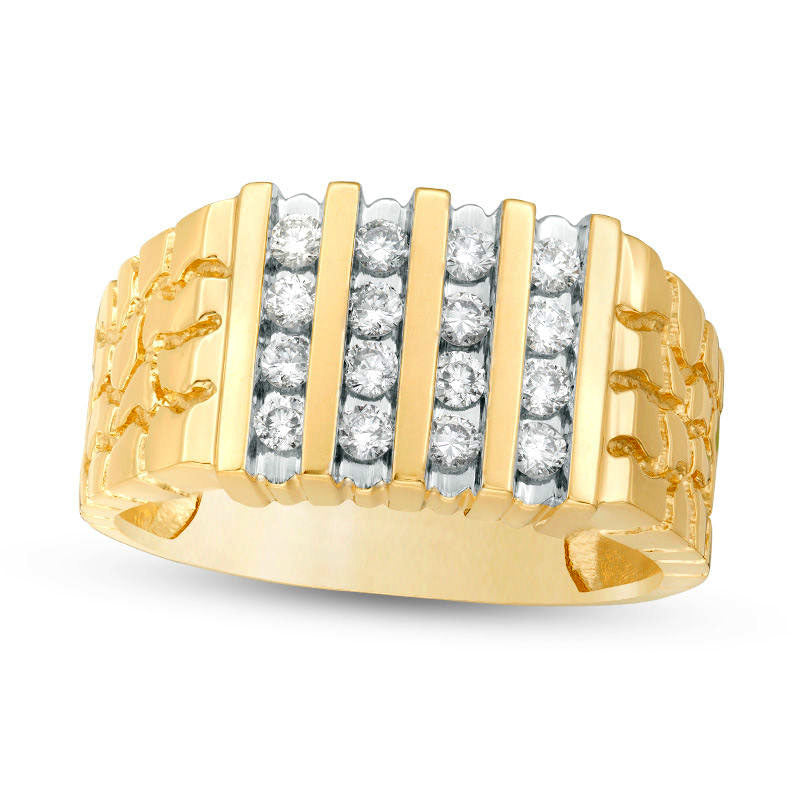 Image of ID 1 Men's 050 CT TW Natural Diamond Four Row Nugget Ring in Solid 10K Yellow Gold