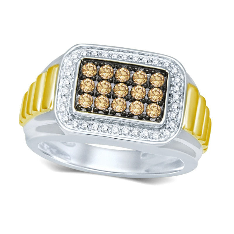 Image of ID 1 Men's 075 CT TW Enhanced Champagne and White Natural Diamond Rectangular Ring in Sterling Silver and Solid 14K Gold Vermeil