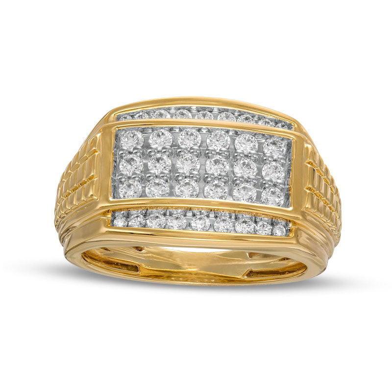 Image of ID 1 Men's 088 CT TW Rectangular Composite Natural Diamond Border Stepped Edge Multi-Row Grid Shank Ring in Solid 10K Yellow Gold