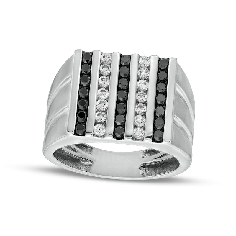 Image of ID 1 Men's 10 CT TW Black Enhanced and White Natural Diamond Vertical Multi-Row Double Groove Shank Ring in Solid 10K White Gold