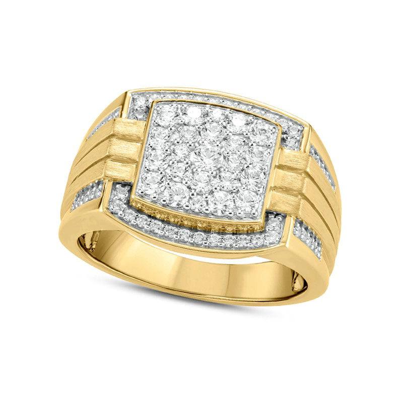 Image of ID 1 Men's 10 CT TW Composite Natural Diamond Cushion Frame Triple Row Grooved Shank Signet Ring in Solid 10K Yellow Gold