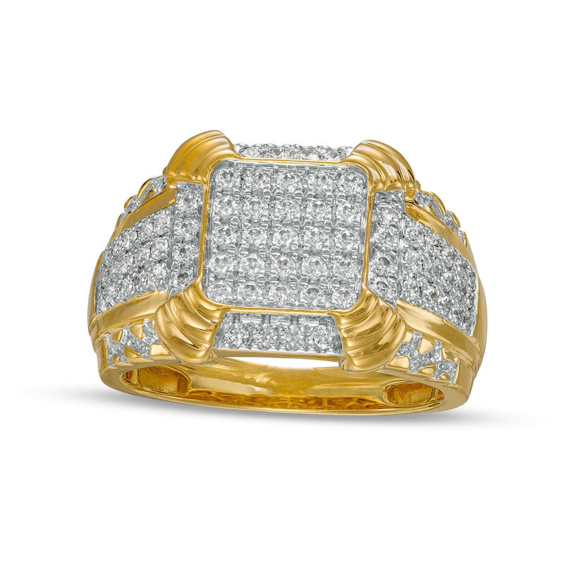 Image of ID 1 Men's 10 CT TW Cushion Composite Natural Diamond Tiered Four-Corner Border Multi-Row Ring in Solid 10K Yellow Gold