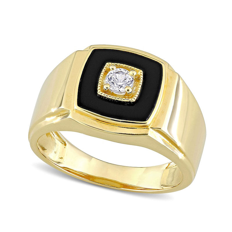 Image of ID 1 Men's 100mm Cushion-Cut Onyx and Lab-Created White Sapphire Stepped Edge Ring in Sterling Silver with Yellow Rhodium