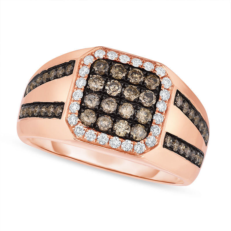 Image of ID 1 Men's 113 CT TW Champagne and White Natural Diamond Octagonal Frame Ring in Solid 14K Rose Gold