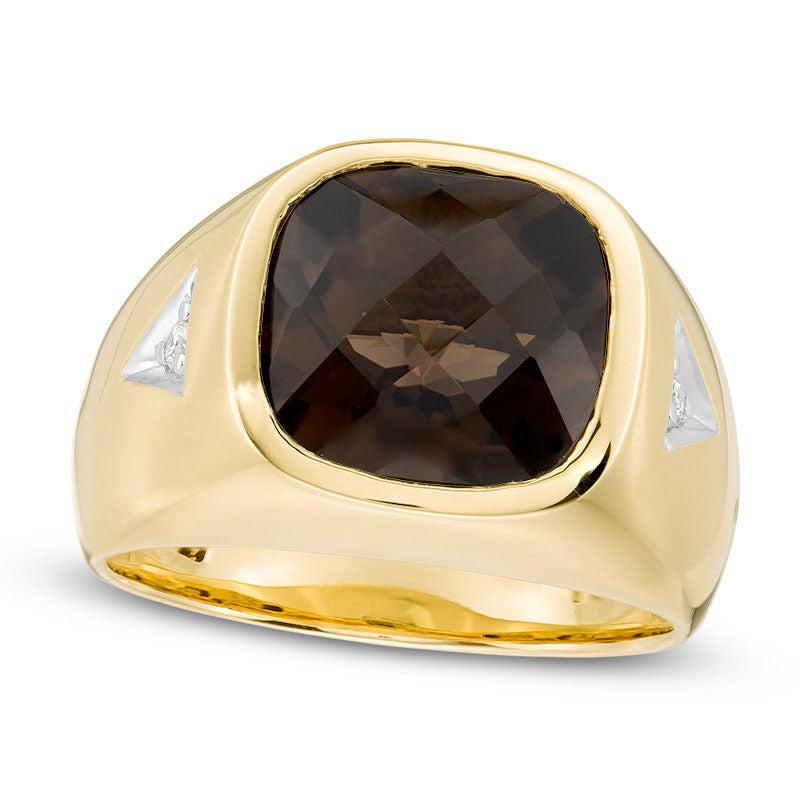 Image of ID 1 Men's 120mm Cushion-Cut Smoky Quartz and 005 CT TW Natural Diamond Triangle Side Accent Ring in Solid 10K Yellow Gold