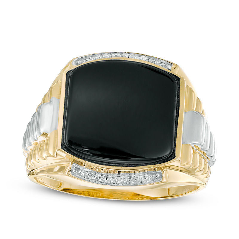 Image of ID 1 Men's 130mm Cushion-Cut Onyx Stepped Shank Ring in Solid 10K Two-Tone Gold