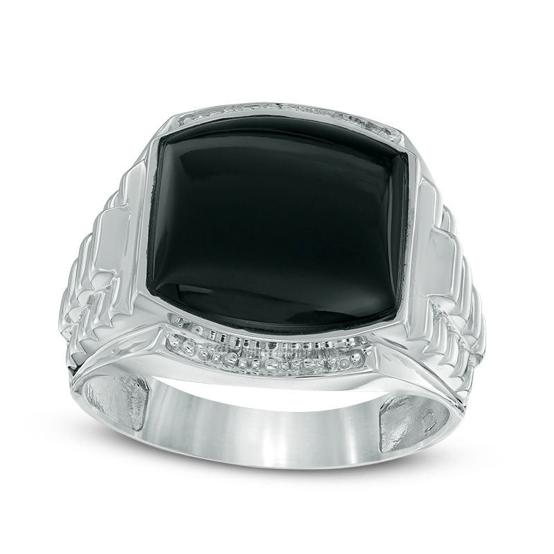 Image of ID 1 Men's 130mm Cushion-Cut Onyx Stepped Shank Ring in Solid 10K White Gold