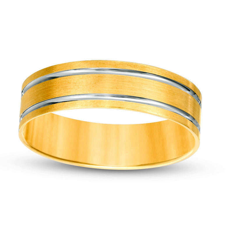 Image of ID 1 Mens 60mm Brushed Double Stripe Comfort Fit Wedding Band in Solid 10K Yellow Gold with White Rhodium