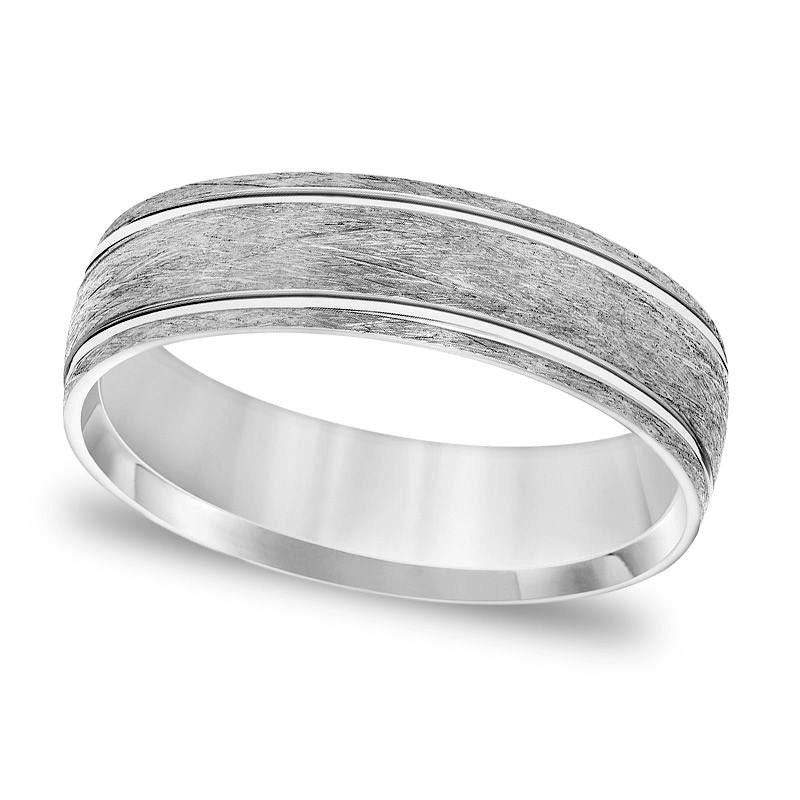 Image of ID 1 Men's 60mm Comfort-Fit Brushed Wire-Textured Grooved Wedding Band in Solid 14K White Gold