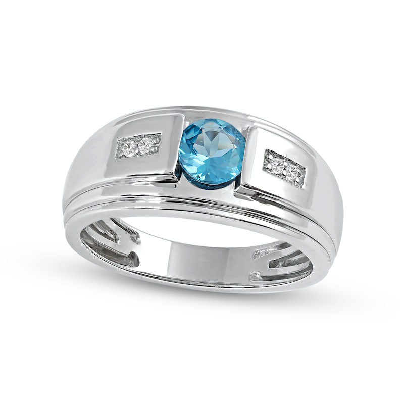 Image of ID 1 Men's 60mm Swiss Blue Topaz and 005 CT TW Natural Diamond Stepped Edge Ring in Sterling Silver