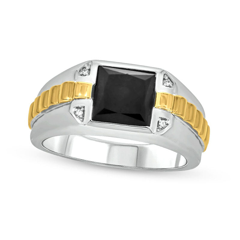Image of ID 1 Men's 80mm Square Onyx and Natural Diamond Accent Ribbed Shank Ring in Sterling Silver and Solid 14K Gold Plate