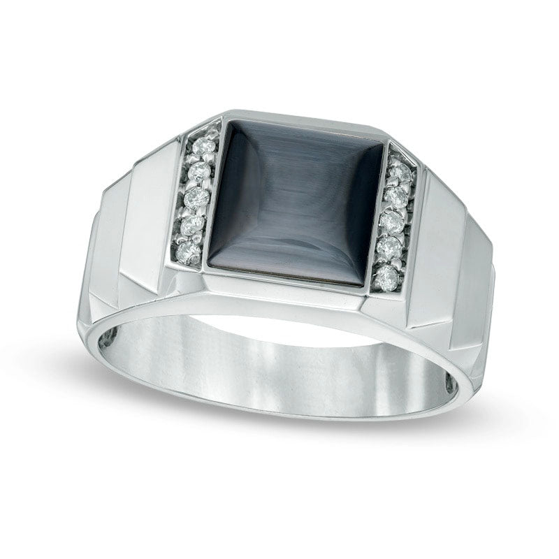 Image of ID 1 Men's 84mm Square Cat's Eye and 010 CT TW Natural Diamond Ring in Solid 10K White Gold