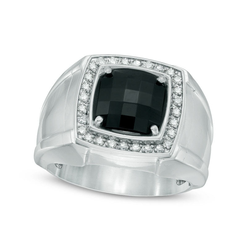 Image of ID 1 Men's 90mm Cushion-Cut Black Onyx and 025 CT TW Natural Diamond Comfort Fit Ring in Sterling Silver
