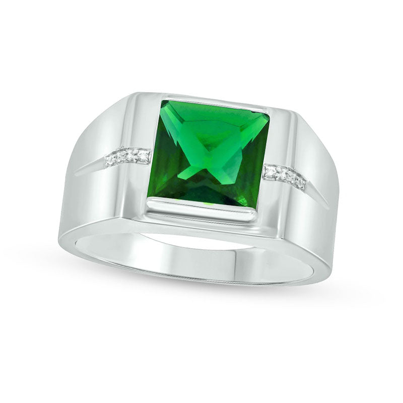 Image of ID 1 Men's 90mm Square-Cut Lab-Created Emerald and Diamond Accent Groove Shank Ring in Solid 10K White Gold