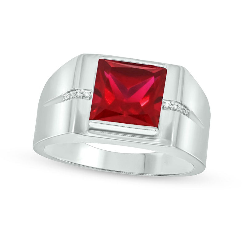 Image of ID 1 Men's 90mm Square-Cut Lab-Created Ruby and Diamond Accent Groove Shank Ring in Solid 10K White Gold