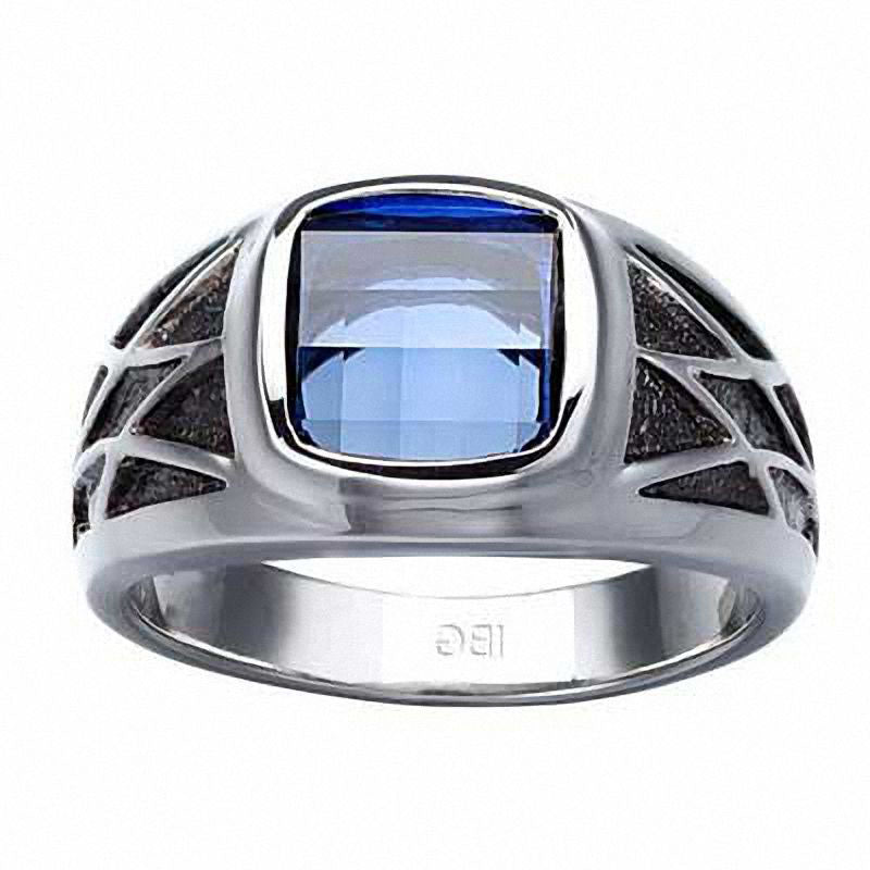 Image of ID 1 Men's 95mm Square Lab-Created Blue Sapphire Ring in Sterling Silver