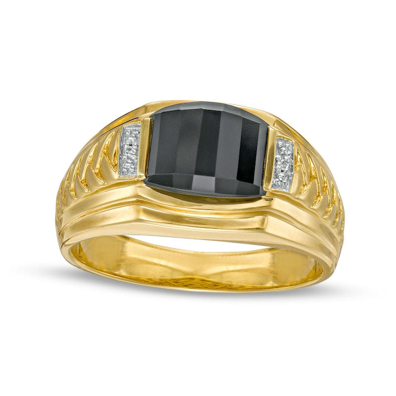 Image of ID 1 Men's Barrel-Cut Black Onyx and Natural Diamond Accent Collar Stepped Edge Woven Shank Comfort-Fit Ring in Solid 10K Yellow Gold