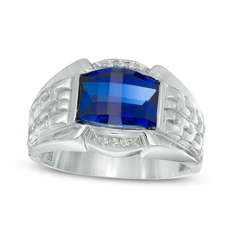 Image of ID 1 Men's Barrel-Cut Lab-Created Blue Sapphire and Diamond Accent Patterned Ring in Solid 10K White Gold