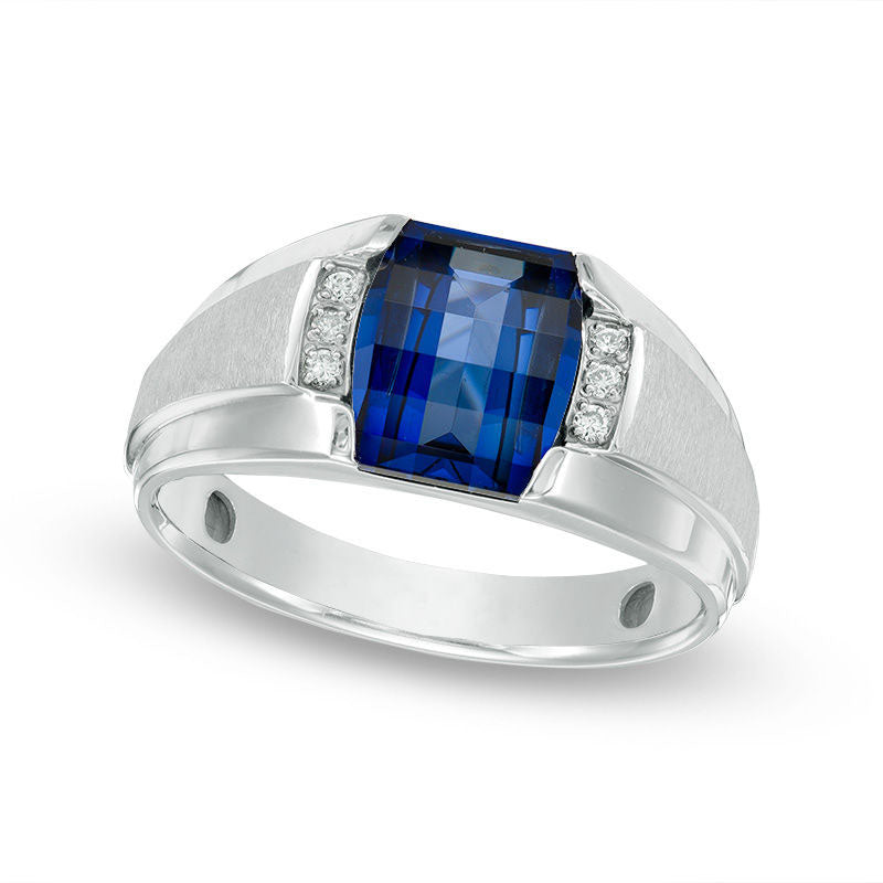 Image of ID 1 Men's Barrel-Cut Lab-Created Blue Sapphire and Diamond Accent Ring in Solid 10K White Gold
