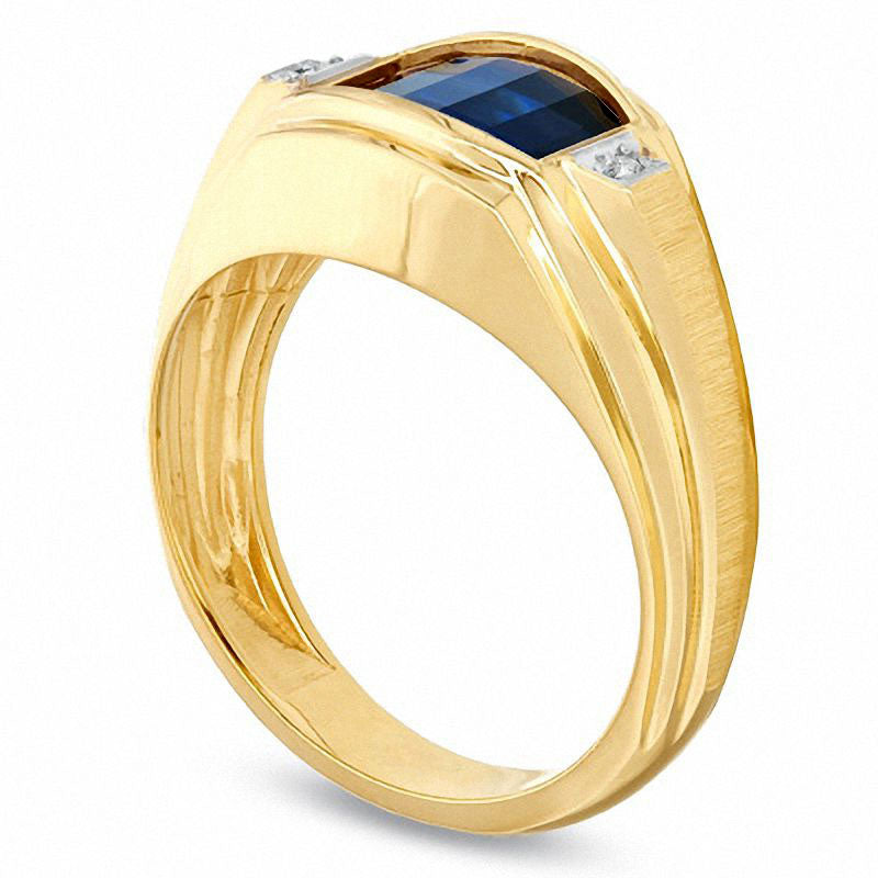 Image of ID 1 Men's Barrel-Cut Lab-Created Blue Sapphire and Diamond Accent Ring in Solid 10K Yellow Gold