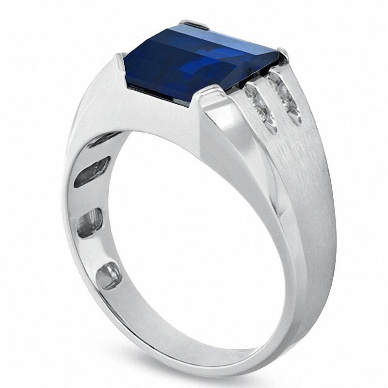Image of ID 1 Men's Barrel-Cut Lab-Created Blue Sapphire and Diamond Accent Ring in Sterling Silver