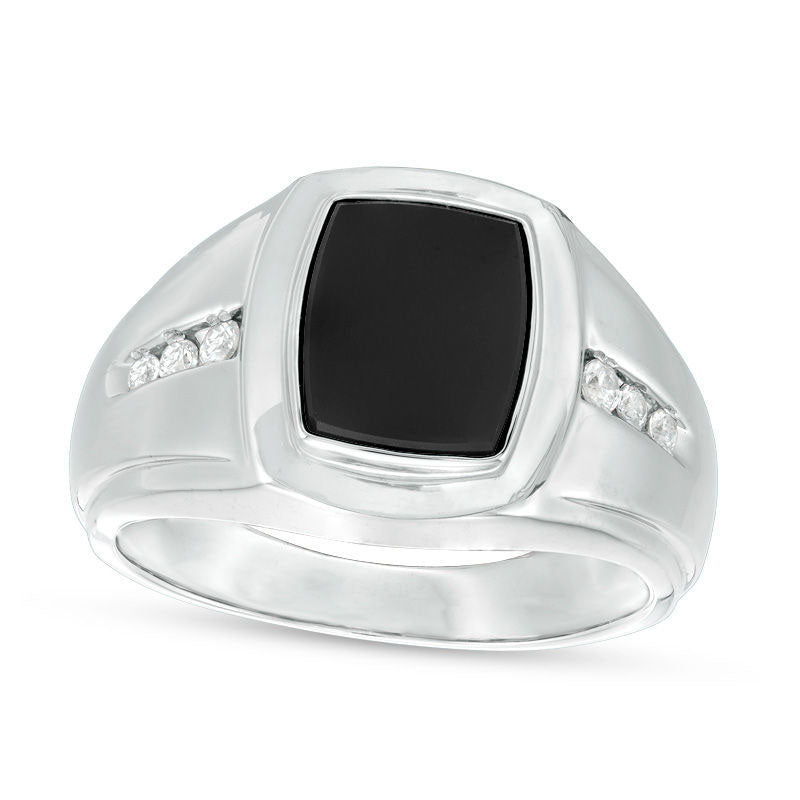 Image of ID 1 Men's Barrel-Shaped Onyx and 013 CT TW Natural Diamond Signet Ring in Sterling Silver