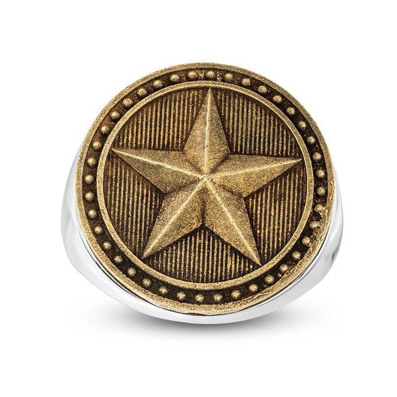 Image of ID 1 Men's Bead Frame Barn Star Antique-Finished Signet Ring in Sterling Silver and Bronze