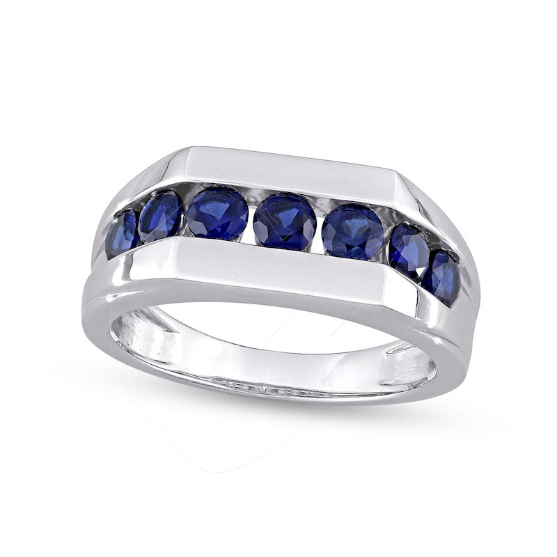 Image of ID 1 Men's Blue Lab-Created Sapphire Seven Stone Channel Band in Sterling Silver