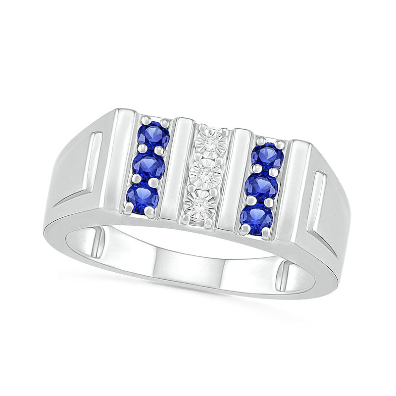 Image of ID 1 Men's Blue Lab-Created Sapphire and Diamond Accent Vertical Triple Row Art Deco Ring in Sterling Silver