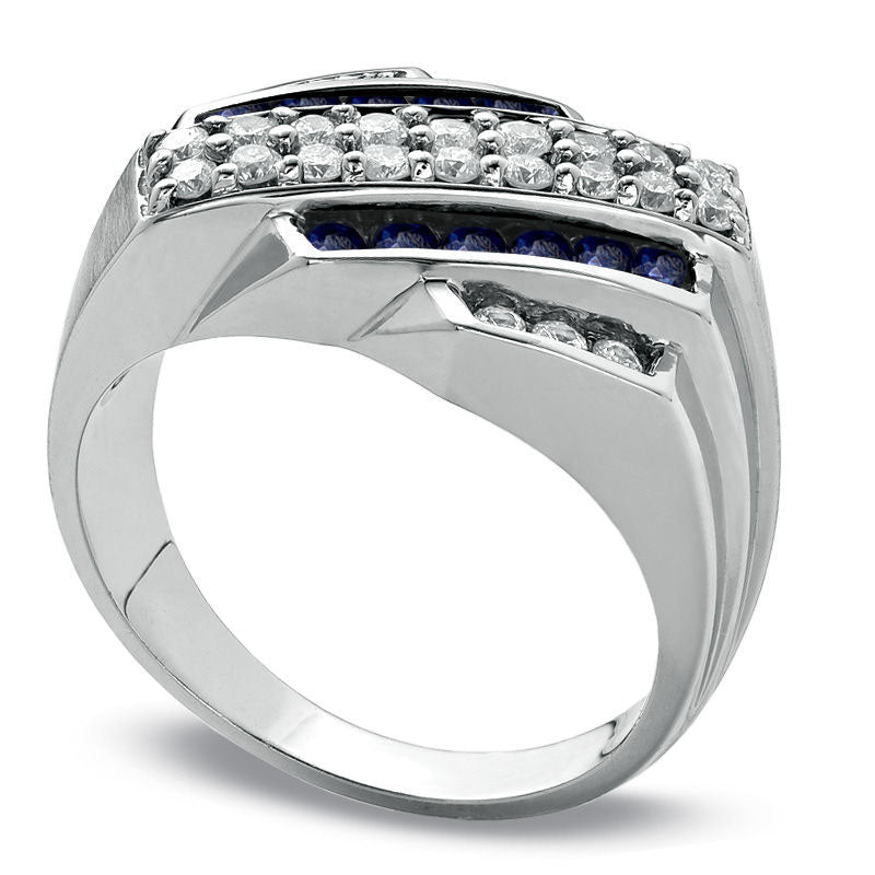 Image of ID 1 Men's Blue Sapphire and 063 CT TW Natural Diamond Slant Ring in Solid 14K White Gold