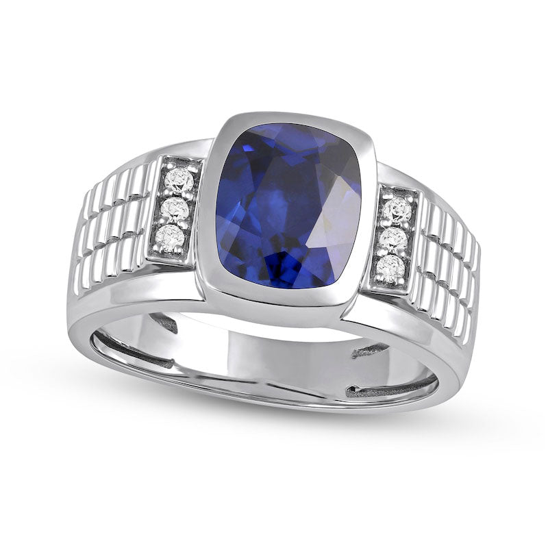 Image of ID 1 Men's Cushion-Cut Blue and White Lab-Created Sapphire Tri-Sides Triple Row Ribbed Shank Ring in Sterling Silver