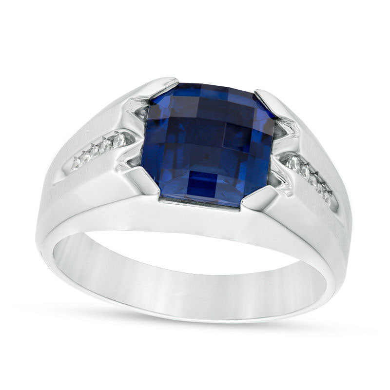Image of ID 1 Men's Cushion-Cut Lab-Created Blue Sapphire and 005 CT TW Diamond Ring in Sterling Silver