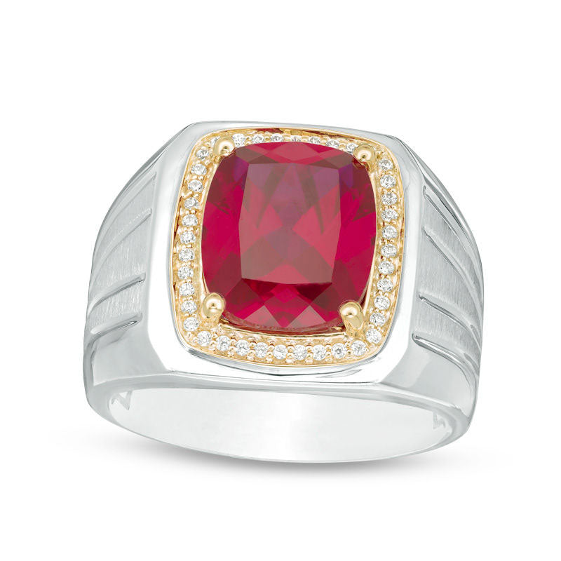 Image of ID 1 Men's Cushion-Cut Lab-Created Ruby and 017 CT TW Diamond Signet Ring in Sterling Silver and Solid 10K Yellow Gold