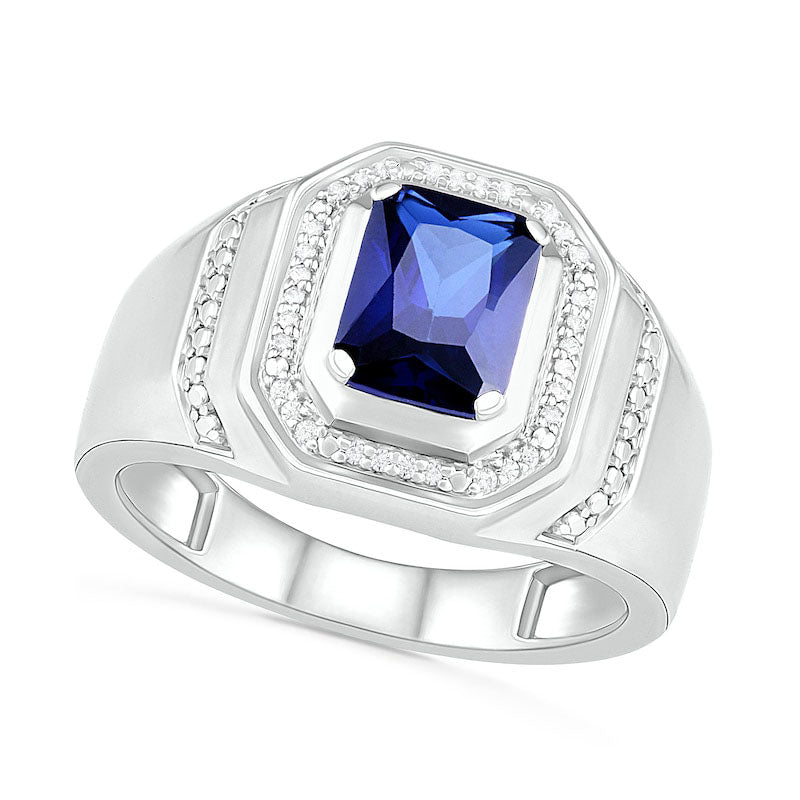 Image of ID 1 Men's Emerald-Cut Blue Lab-Created Sapphire and 010 CT TW Diamond Octagonal Frame Collar Ring in Sterling Silver