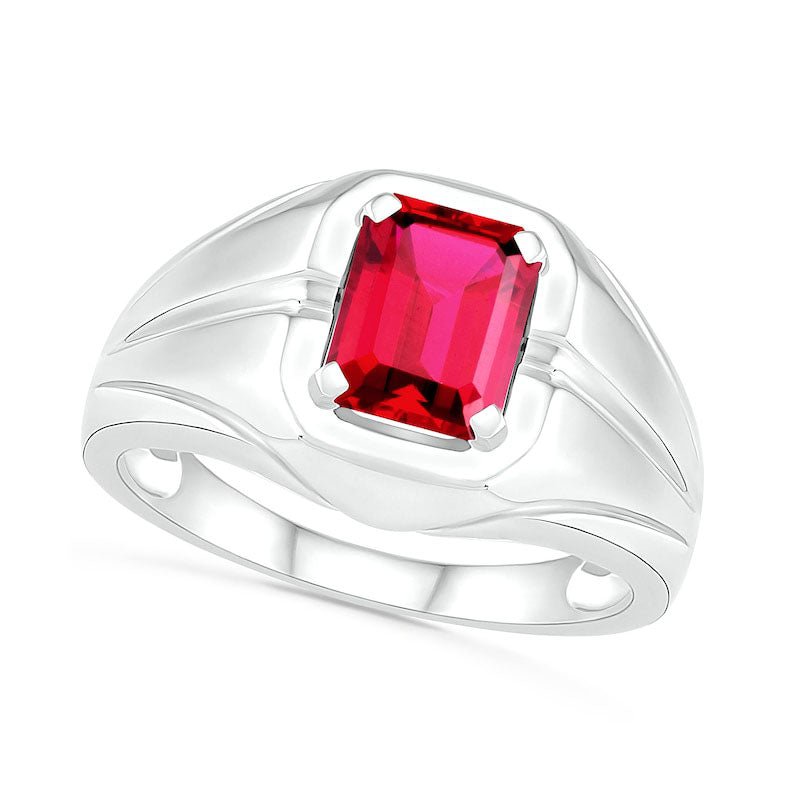 Image of ID 1 Men's Emerald-Cut Lab-Created Ruby Rectangular Frame Split Shank Ring in Sterling Silver
