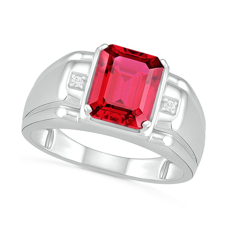 Image of ID 1 Men's Emerald-Cut Lab-Created Ruby and Diamond Accent Collar Stepped Edge Ring in Sterling Silver