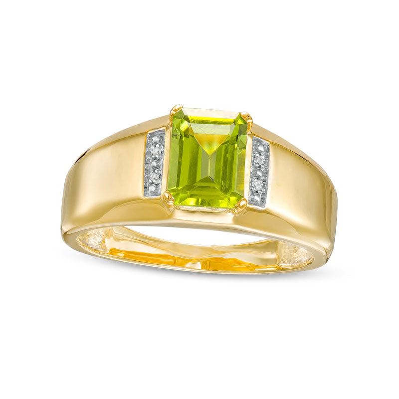 Image of ID 1 Men's Emerald-Cut Peridot and Natural Diamond Accent Collar Ring in Solid 10K Yellow Gold