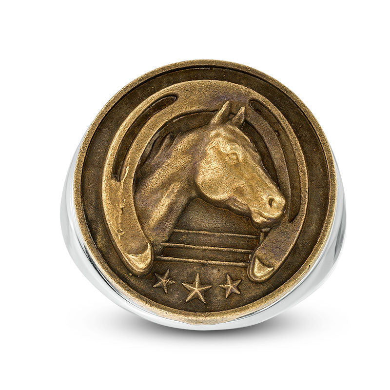 Image of ID 1 Men's Horse and Horseshoe Antique-Finished Signet Ring in Sterling Silver and Bronze