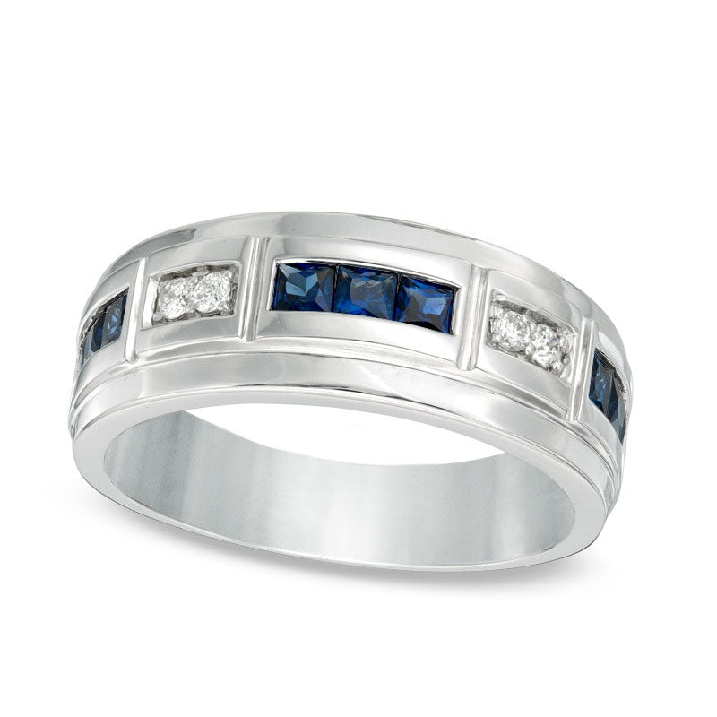 Image of ID 1 Mens Lab-Created Blue Sapphire and 010 CT TW Diamond Alternating Band in Solid 10K White Gold