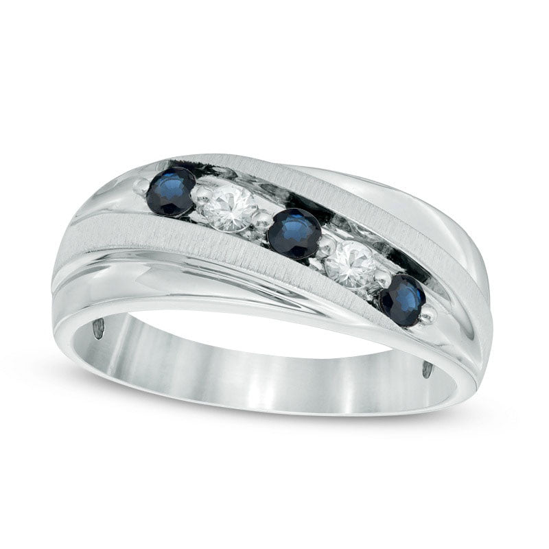 Image of ID 1 Men's Lab-Created Blue and White Sapphire Five Stone Slant Band in Sterling Silver